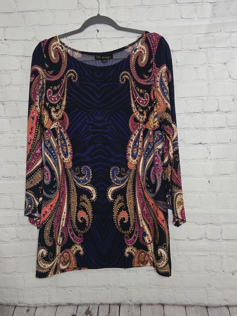 DN Design  Paisley Swirl Long Sleeve Dress Top Gold Accents Bobo Whimsigoth 12 L